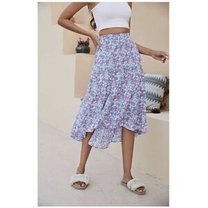 SimpleFun Women's Midi Skirt Boho Floral Elastic High Waist‎ Asymmetrical Hem- L